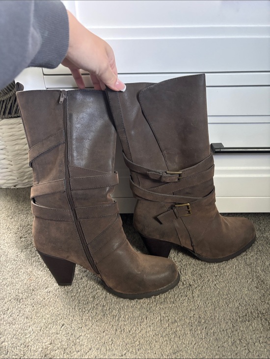 levity Shoes - (Never worn) Women's Brown Mid-Calf Heeled Boots with Wrap Straps